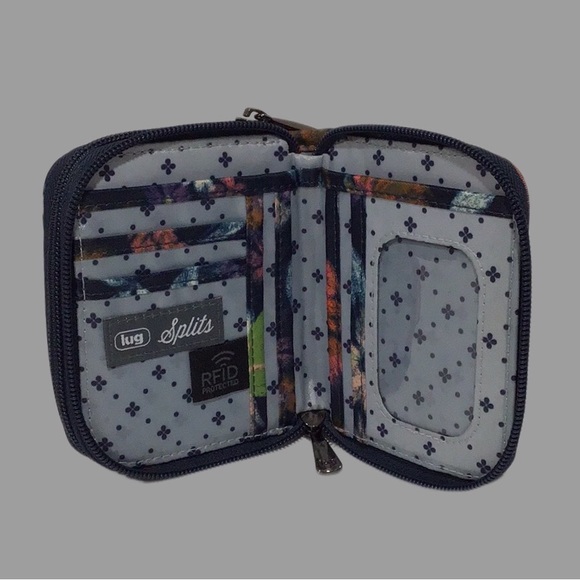 NWOT lug Splits Wallet, RFID Protection, Double Zipper, Floral on Navy Blue, - Picture 6 of 10
